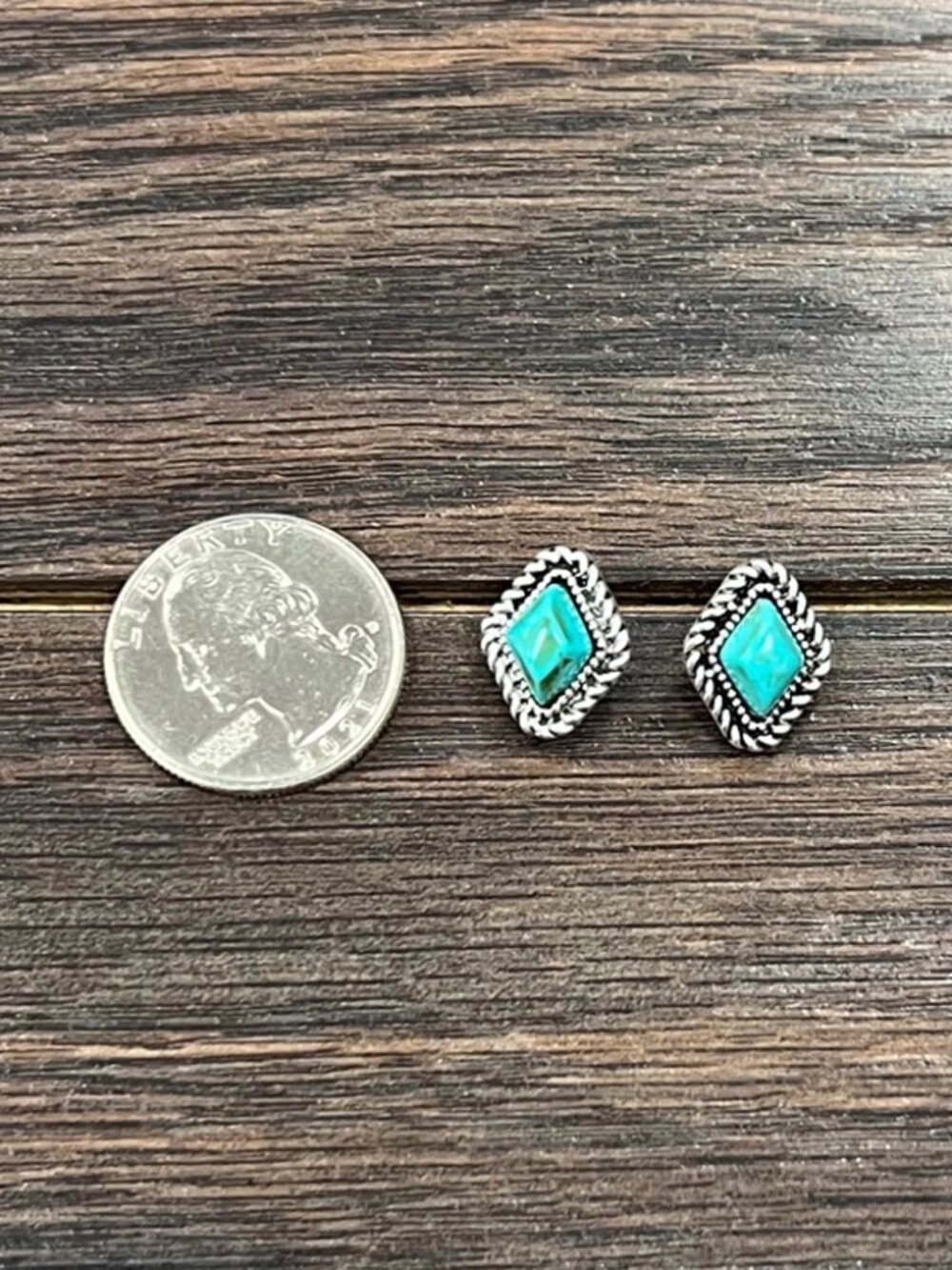 Turquoise Stud Earrings Western Boho Southwestern Rodeo Silver Rope Studs - Picture 2 of 3